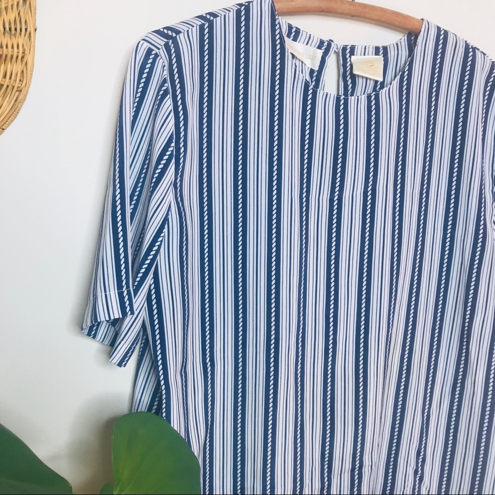 vtg funky 90s Nautical Flowy Rope Navy Blouse - Picture 2 of 3